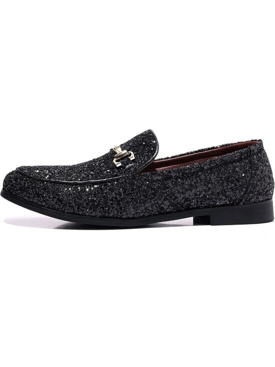 Men\'s Black Rubber Sole Glitter Sequins Loafers Tuxedo Gold Buckle Luxury Shoes main image 4